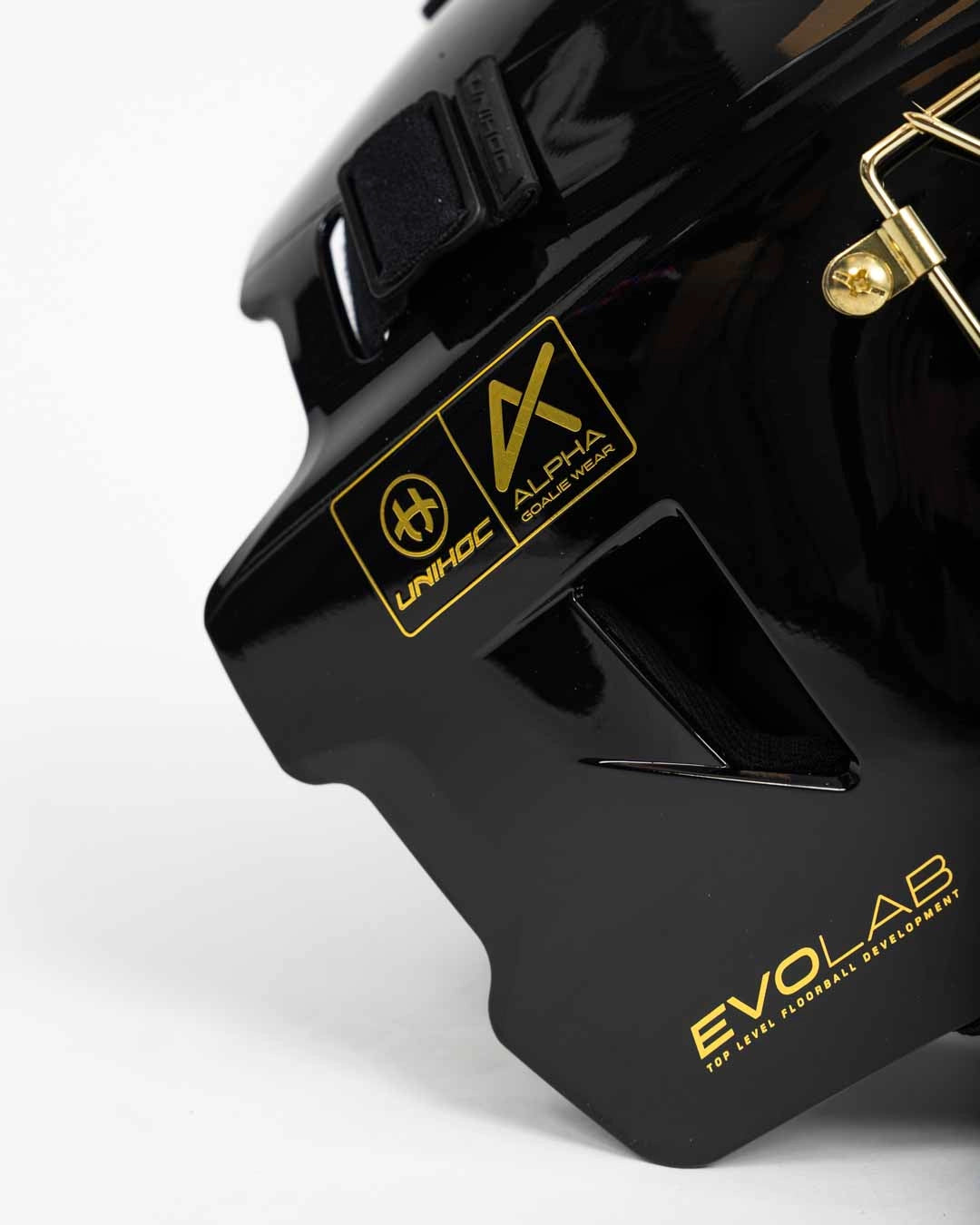 Unihoc Goalie Mask ALPHA PRIME EVOLAB Black/Gold 26/27